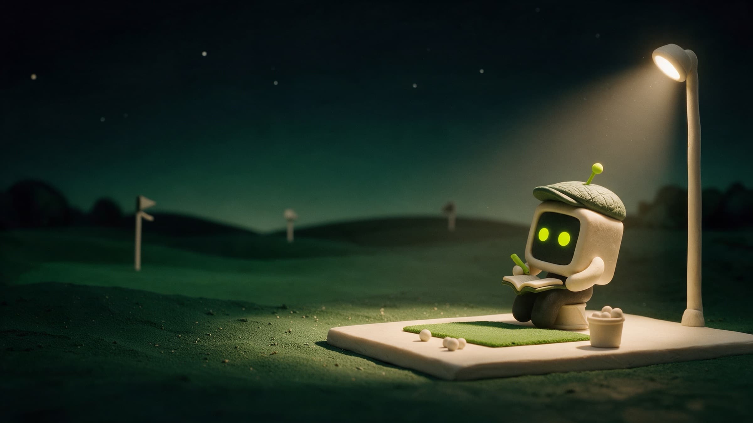 The My Swing Thoughts coach, a clay robot in a flat cap, sits on a range bucket under a floodlight at dusk with its notebook.